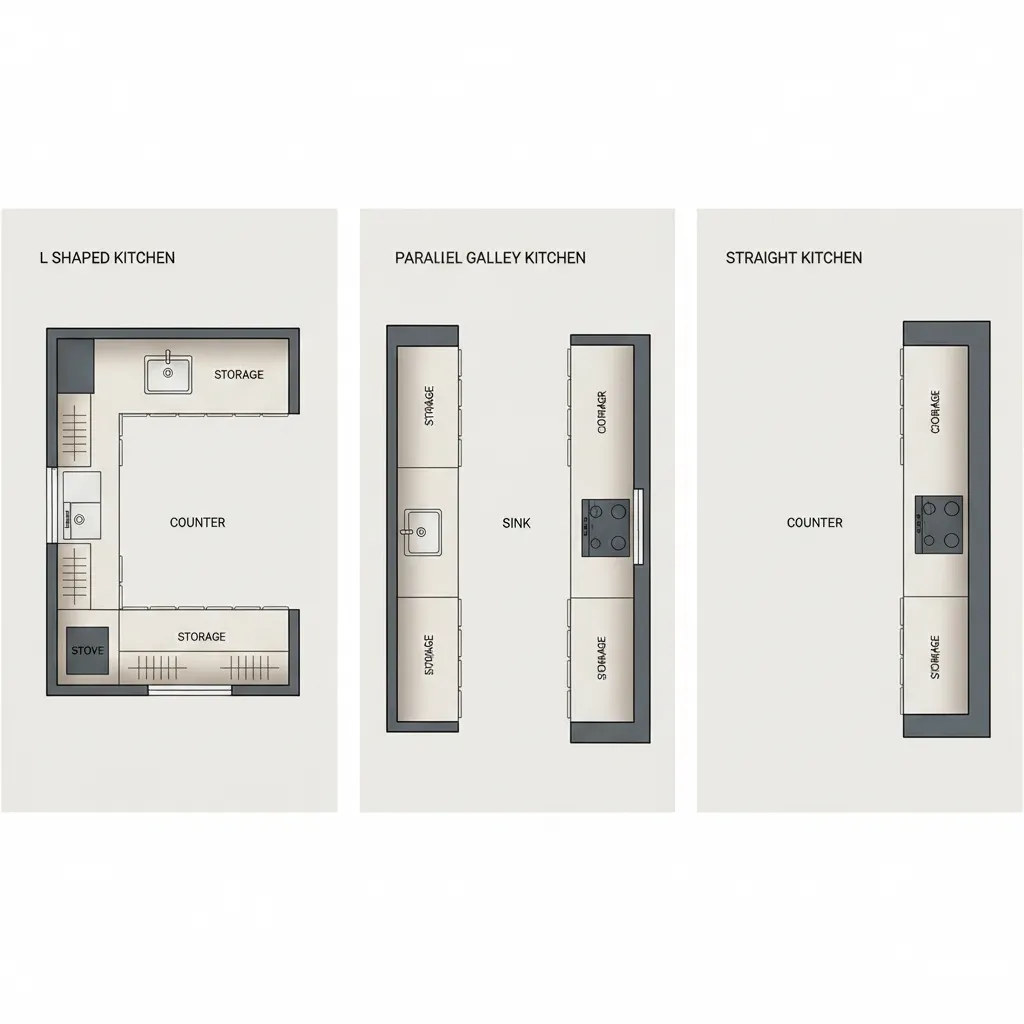 Top view comparison of L shaped parallel and straight kitchen floor plans