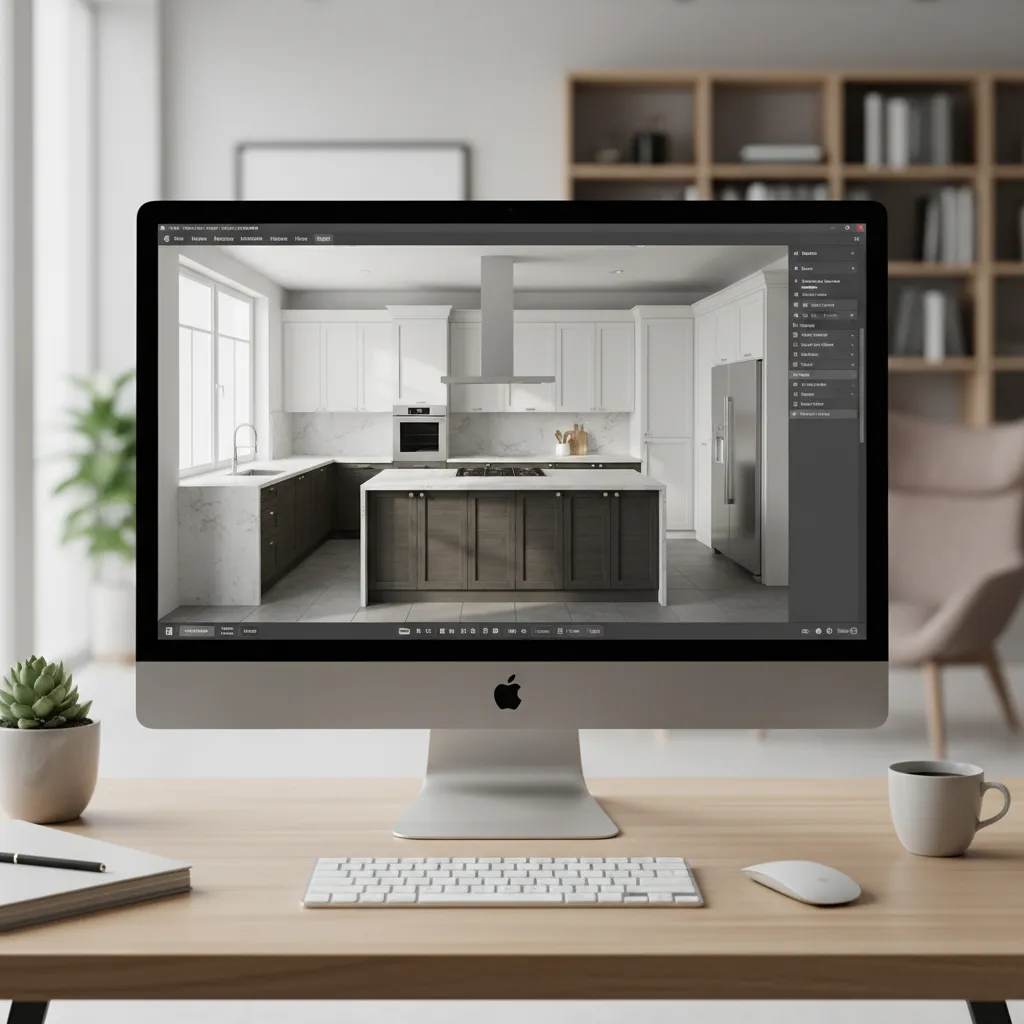 Digital kitchen layout planner showing cabinet placement in a modern kitchen