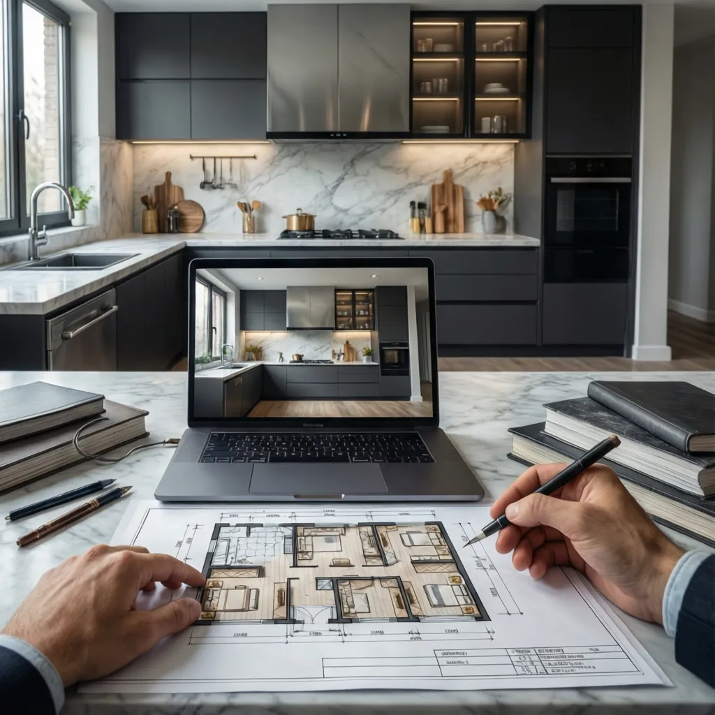 Planificación de distribución de cocina en diseño interior