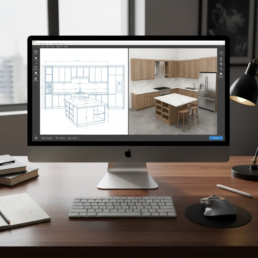 Plano digital de distribución de cocina con muebles y medidas