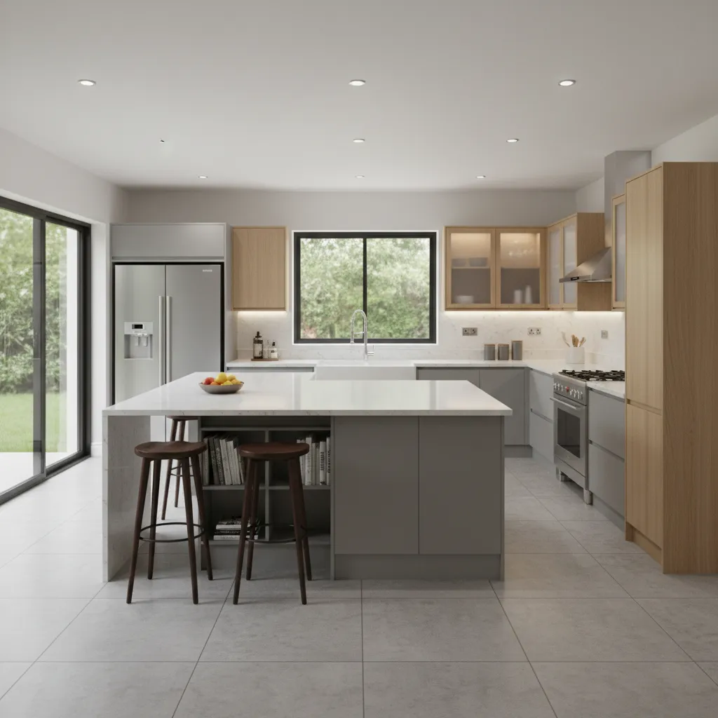 Plano visual de distribución de cocina moderna con zona de trabajo organizada