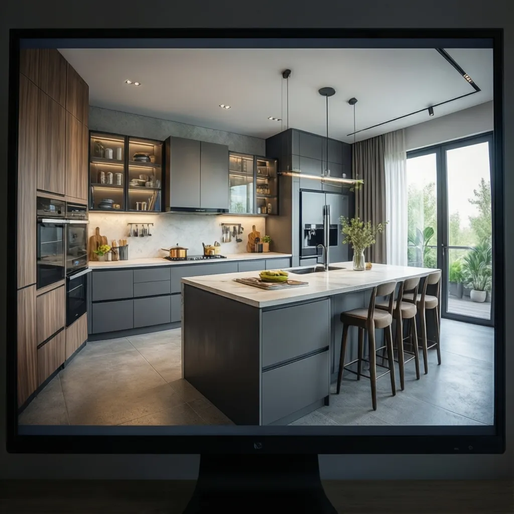 Diseño de distribución de cocina moderna visto en modelo 3D