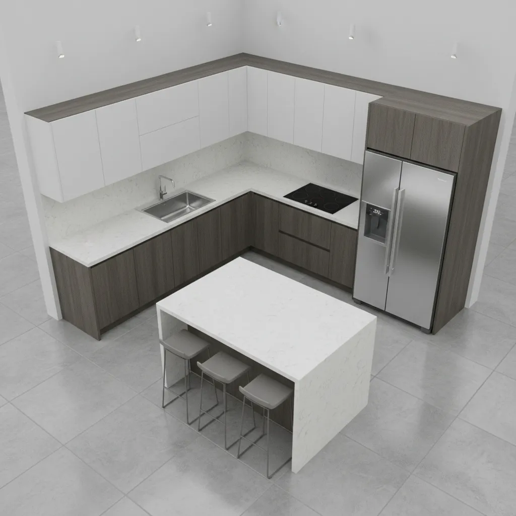 3D kitchen layout planning with island work triangle concept