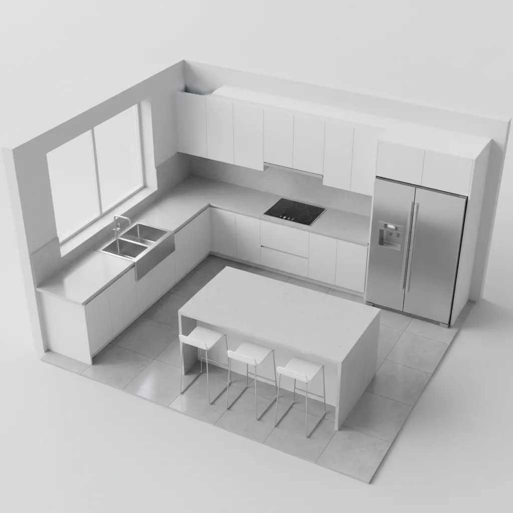 3d kitchen layout planning with cabinets and appliances placement