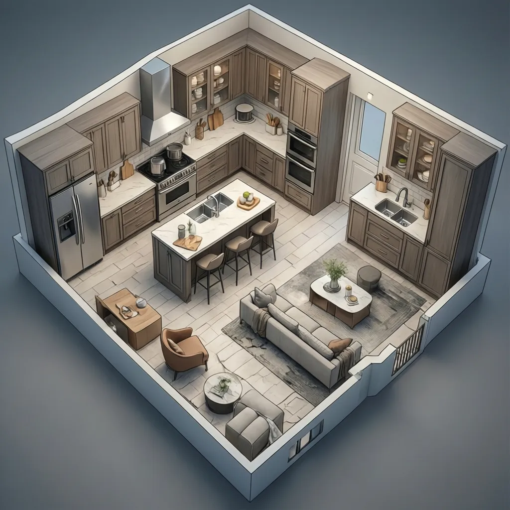 3D kitchen floor plan layout showing cabinets island and workflow zones
