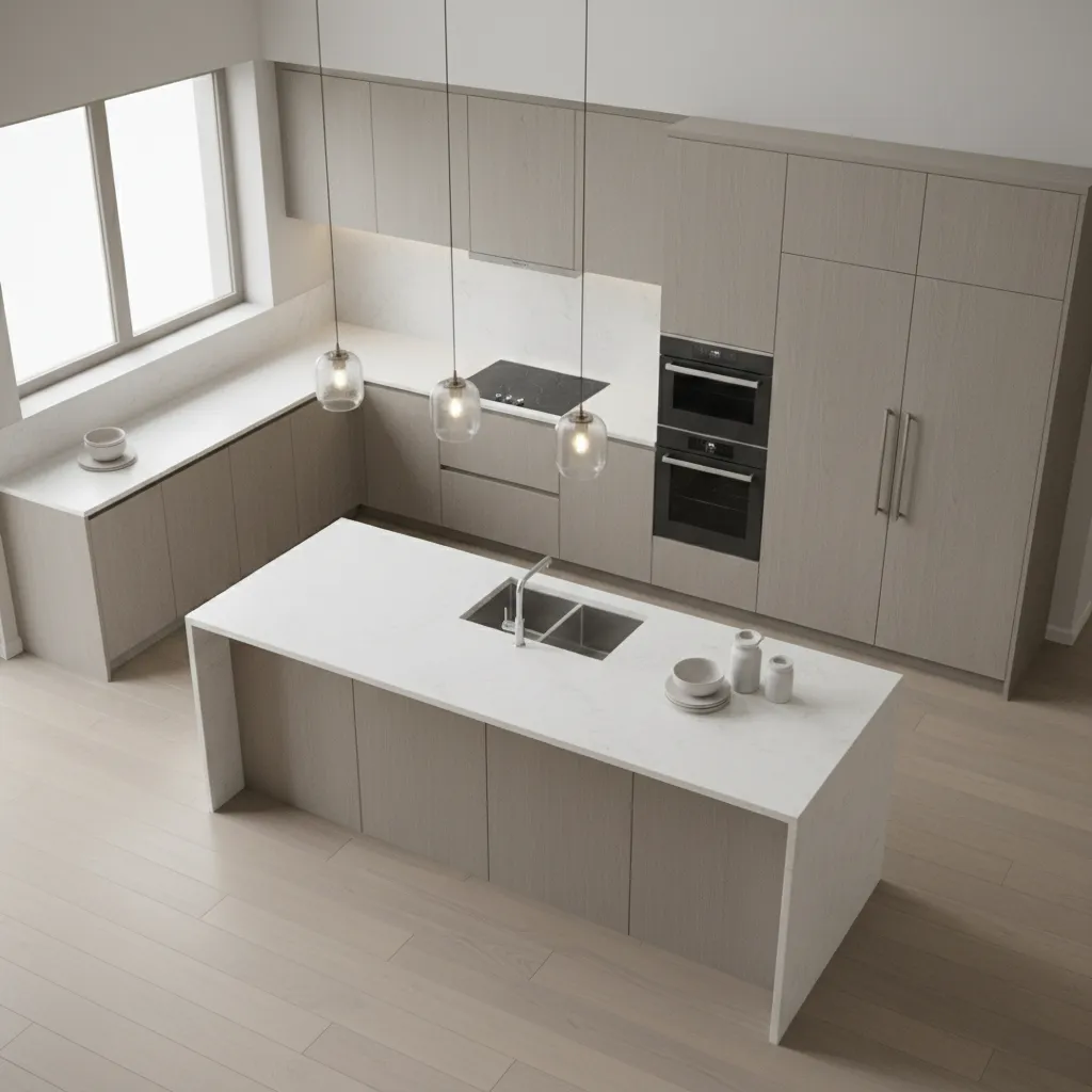 3D kitchen layout planning showing island cabinets and appliance placement