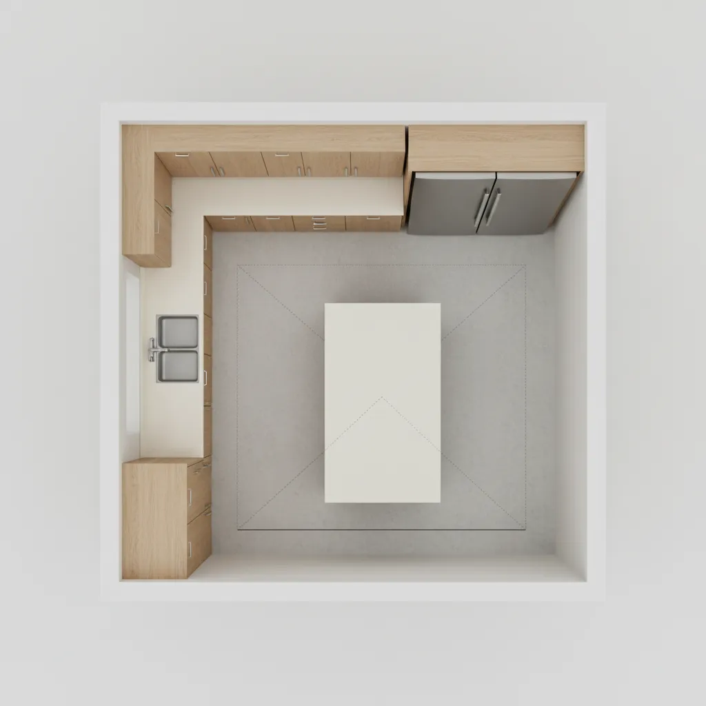 Top view of a kitchen layout design showing wood cabinets white island sink and large fridge