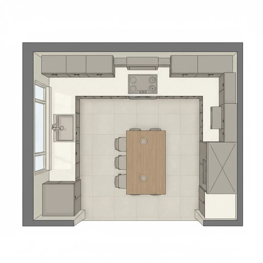 Kitchen layout planning showing cabinet placement and work triangle concept
