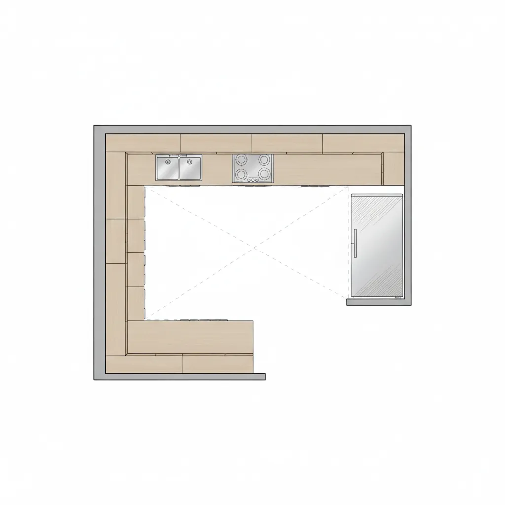 Kitchen layout planning illustration showing cabinet zones and work triangle