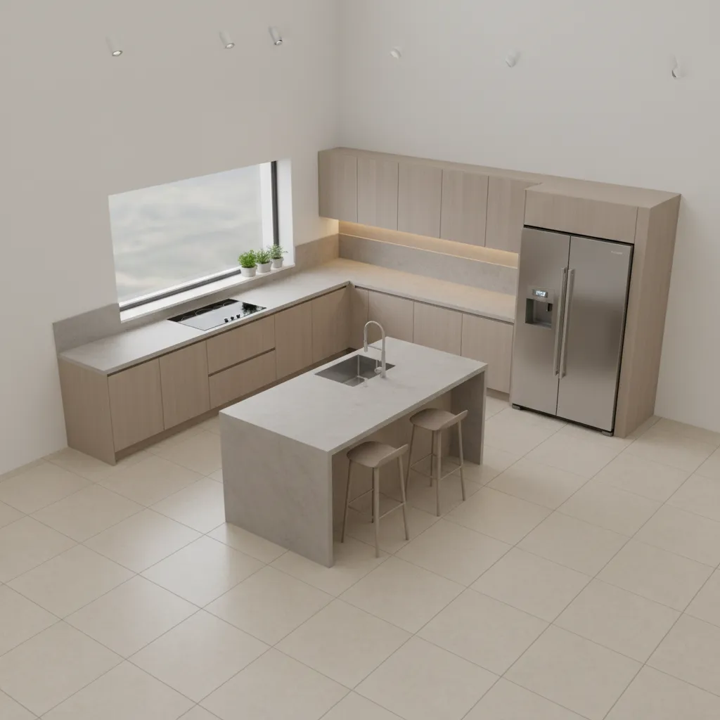 3D kitchen layout plan showing island and appliance workflow