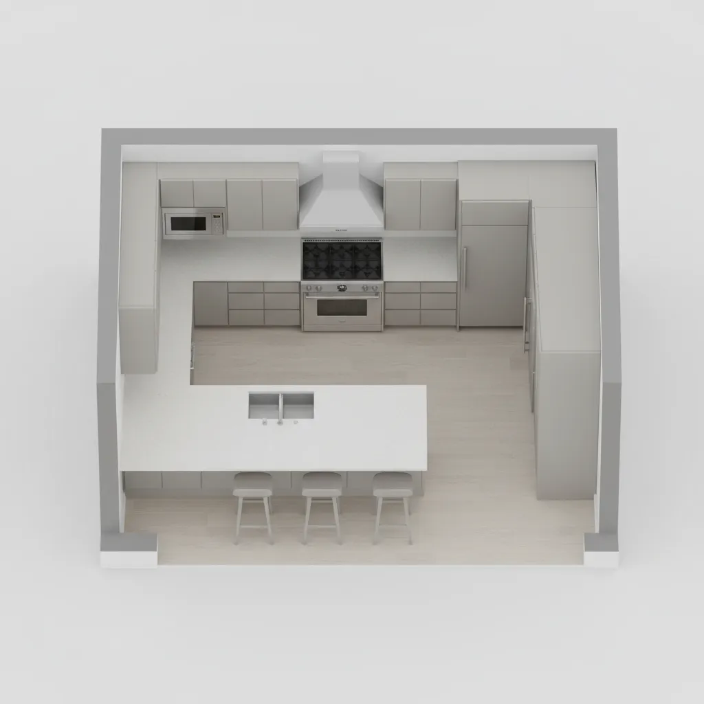 kitchen layout planning showing island workflow and cabinet zones