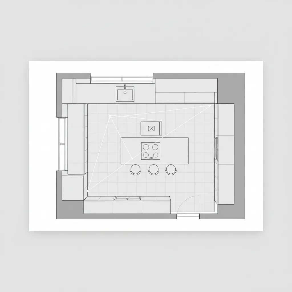 Kitchen floor plan layout showing work triangle and cabinet placement