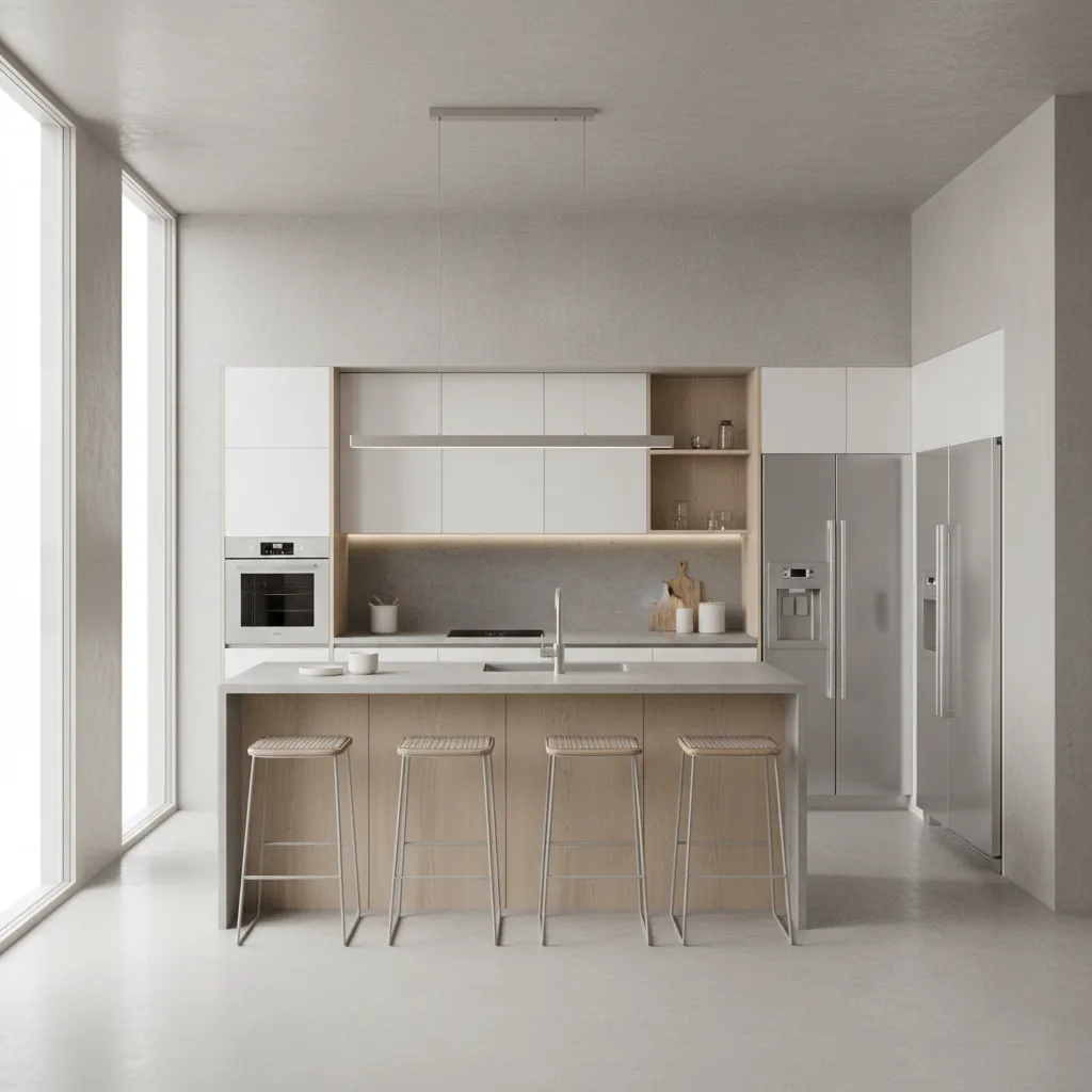 3D kitchen layout visualization showing cabinets, island, and appliance spacing