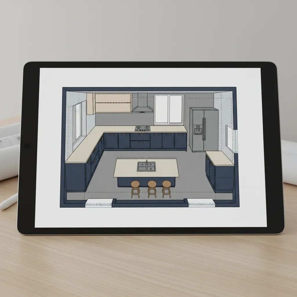 Kitchen floor plan layout with cabinets, island and work triangle diagram