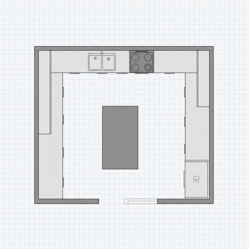 top view kitchen layout grid showing cabinets island and work triangle