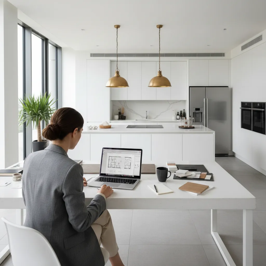designer reviewing kitchen layout on a digital floor planning screen