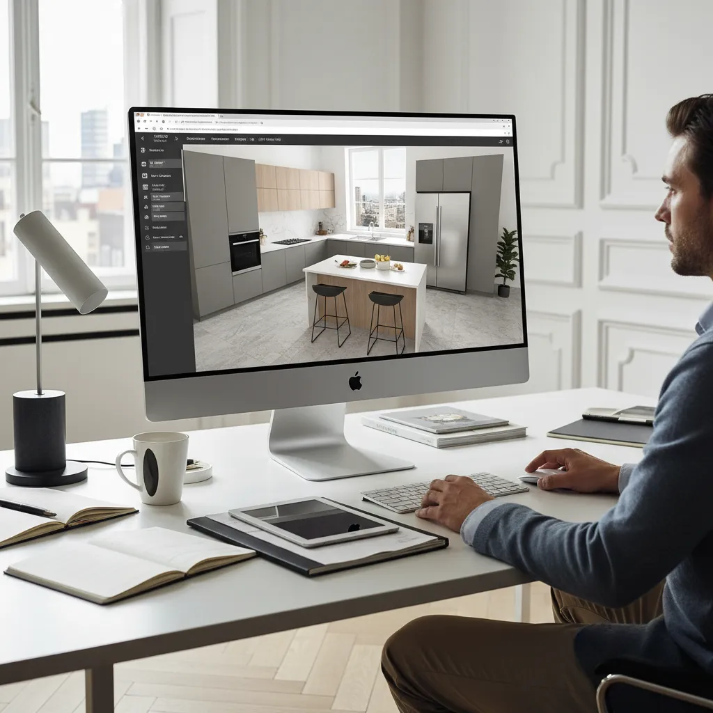Persona diseñando la distribución de una cocina en un software online
