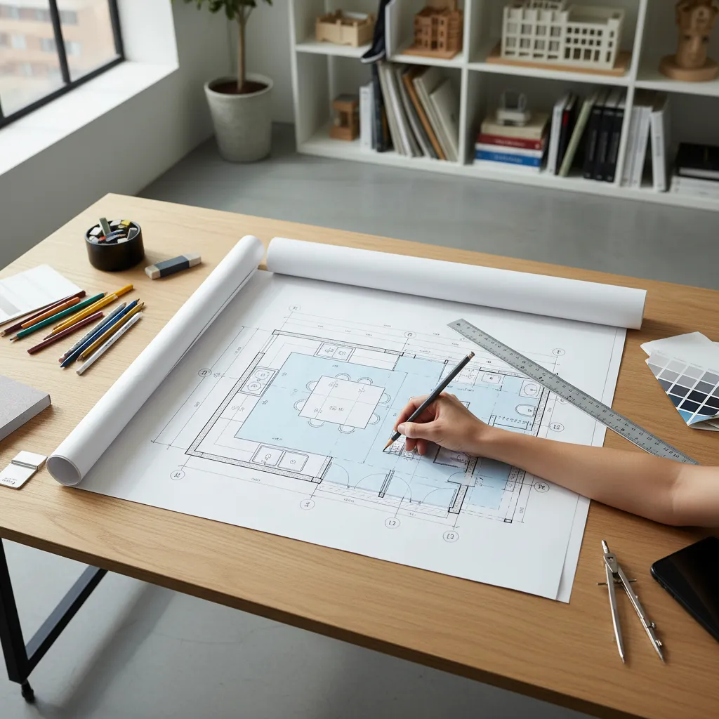 designer sketching kitchen layout top view on paper floor plan