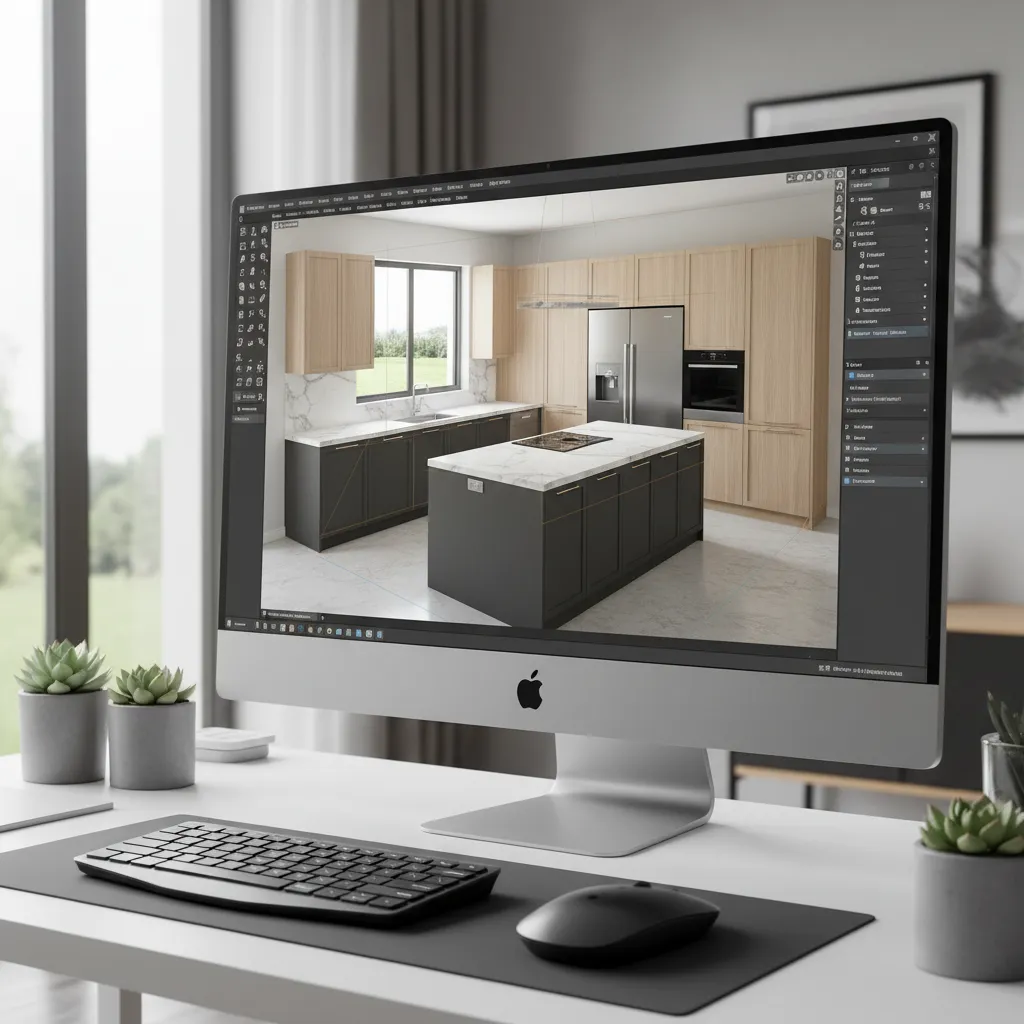 Planificador digital de cocina mostrando distribución de electrodomésticos y muebles