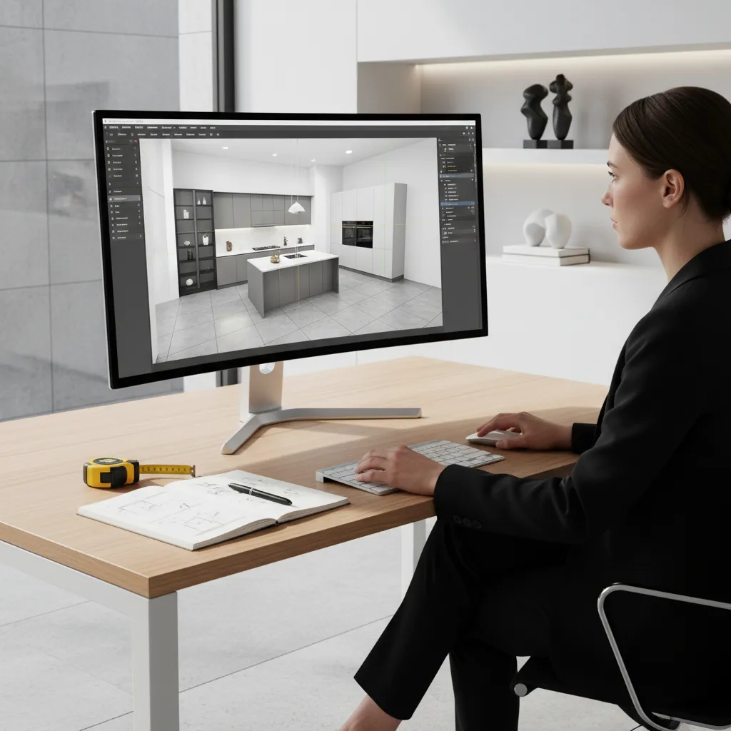 Designer planning kitchen cabinet layout using digital software on computer