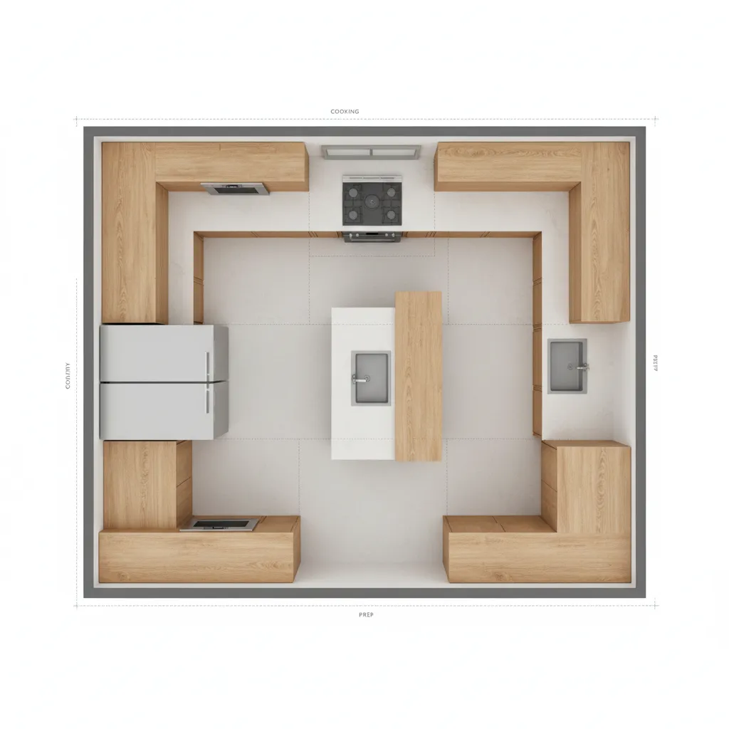 top view kitchen layout plan with cabinets island and appliance zones