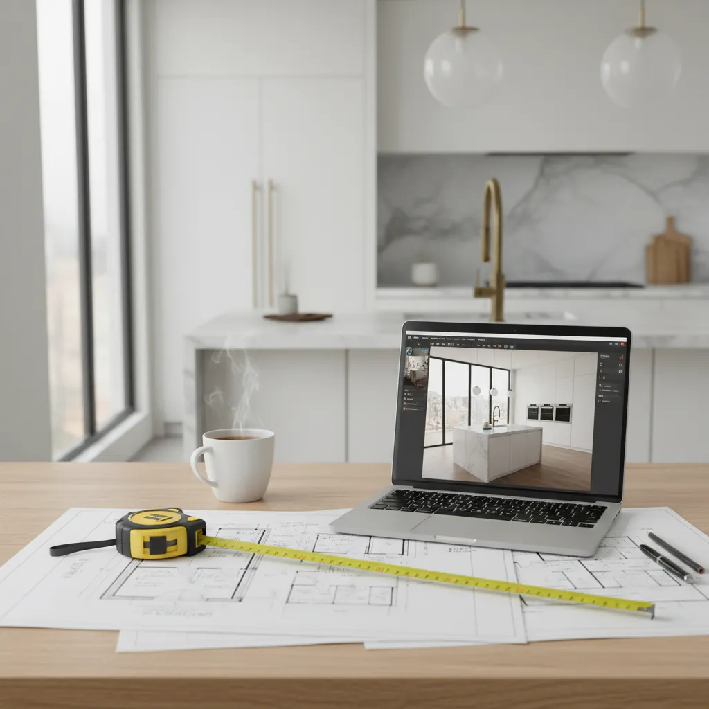 designer planning kitchen layout on floor plan with measurements