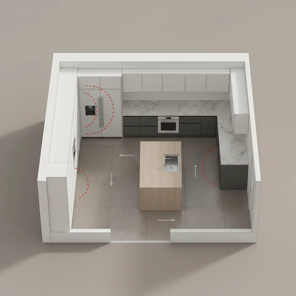 kitchen layout planning diagram showing refrigerator clearance and cabinet alignment