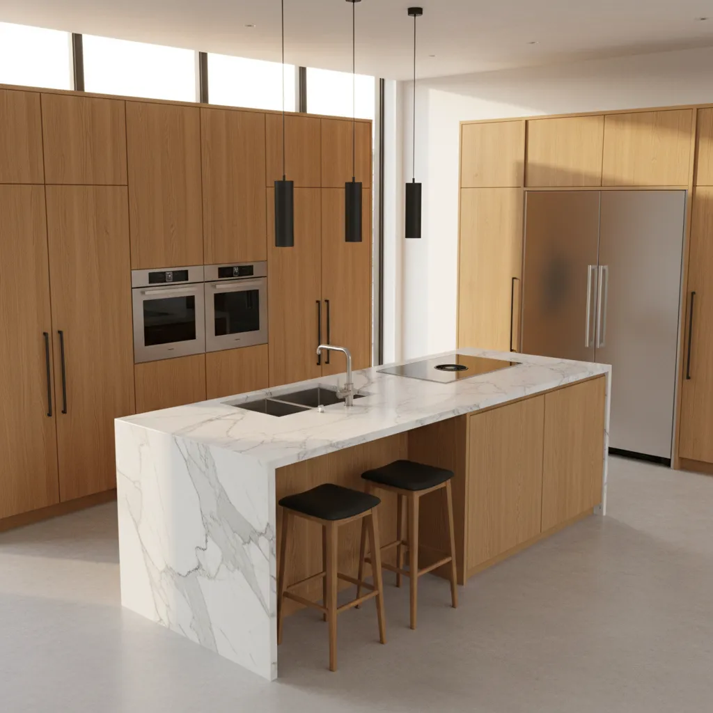 Modern kitchen renovation layout showing cabinetry island and lighting plan