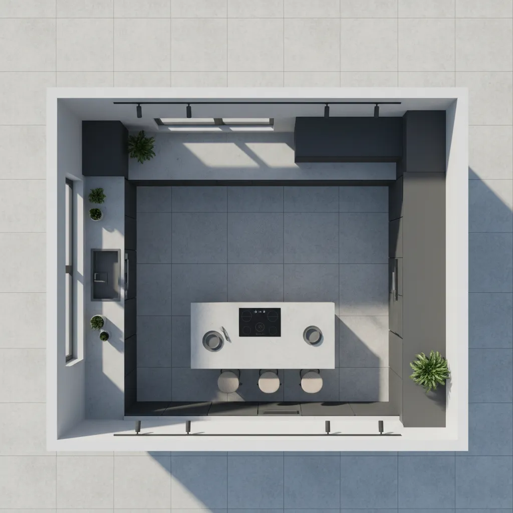 kitchen layout planning with cabinets and countertop zones highlighted