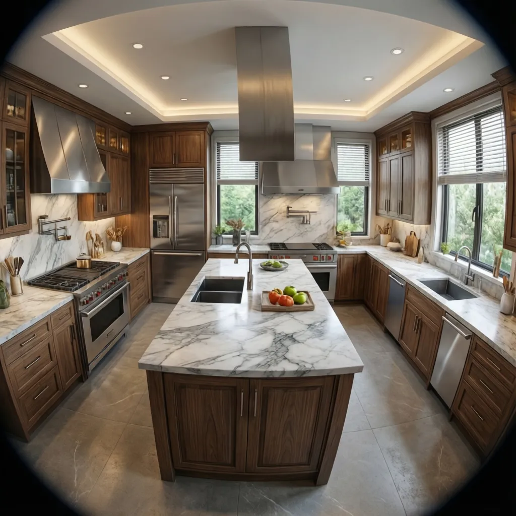 Simulación 3D de una cocina con isla mostrando espacio de circulación