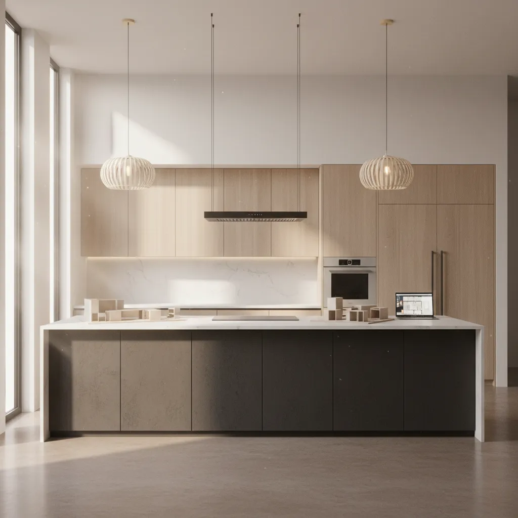 Modern kitchen with wood cabinets, dark island, marble backsplash, ceiling lights, and natural sunlight streaming