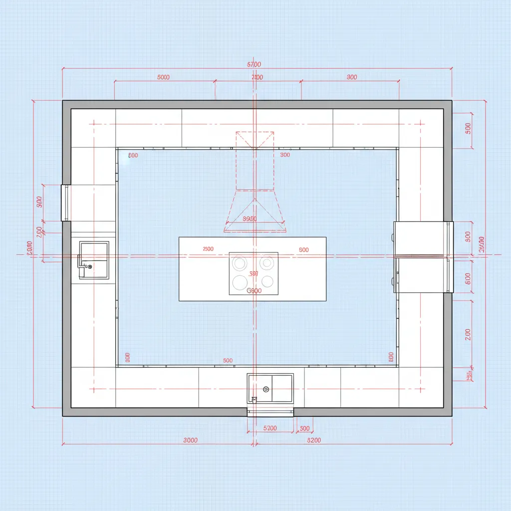 Plano técnico de distribución de cocina con medidas