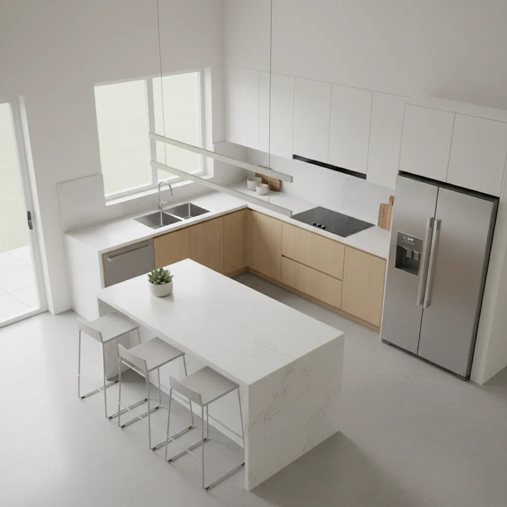 bố cục tam giác bếp với bồn rửa bếp nấu và tủ lạnh