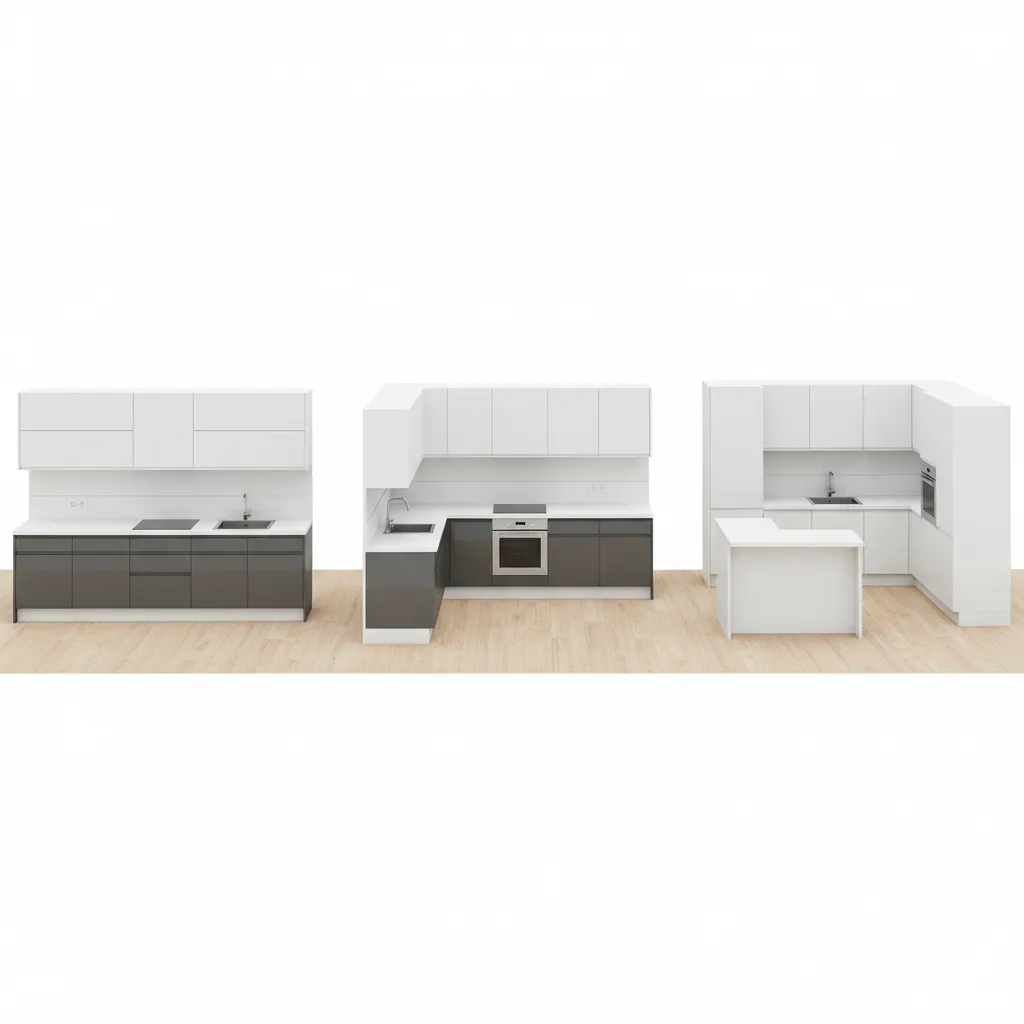 Different kitchen layouts including straight, L shape, and U shape modular kitchens