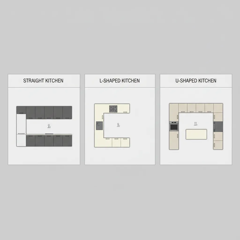 Infographic showing three different room layouts including straight kitchen l-shaped kitchen and u-shaped kitchen designs