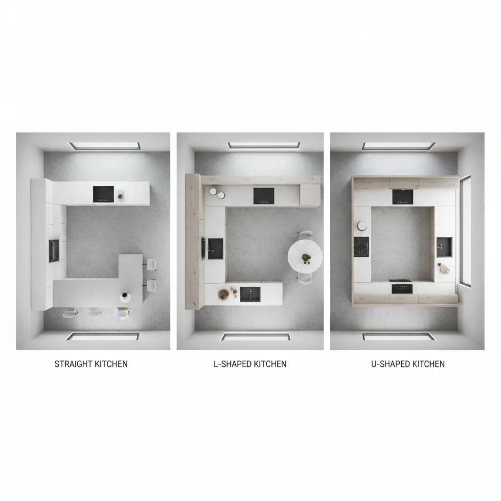 Interior design drawing showing three different kitchen layouts including straight l-shaped and u-shaped floor plans