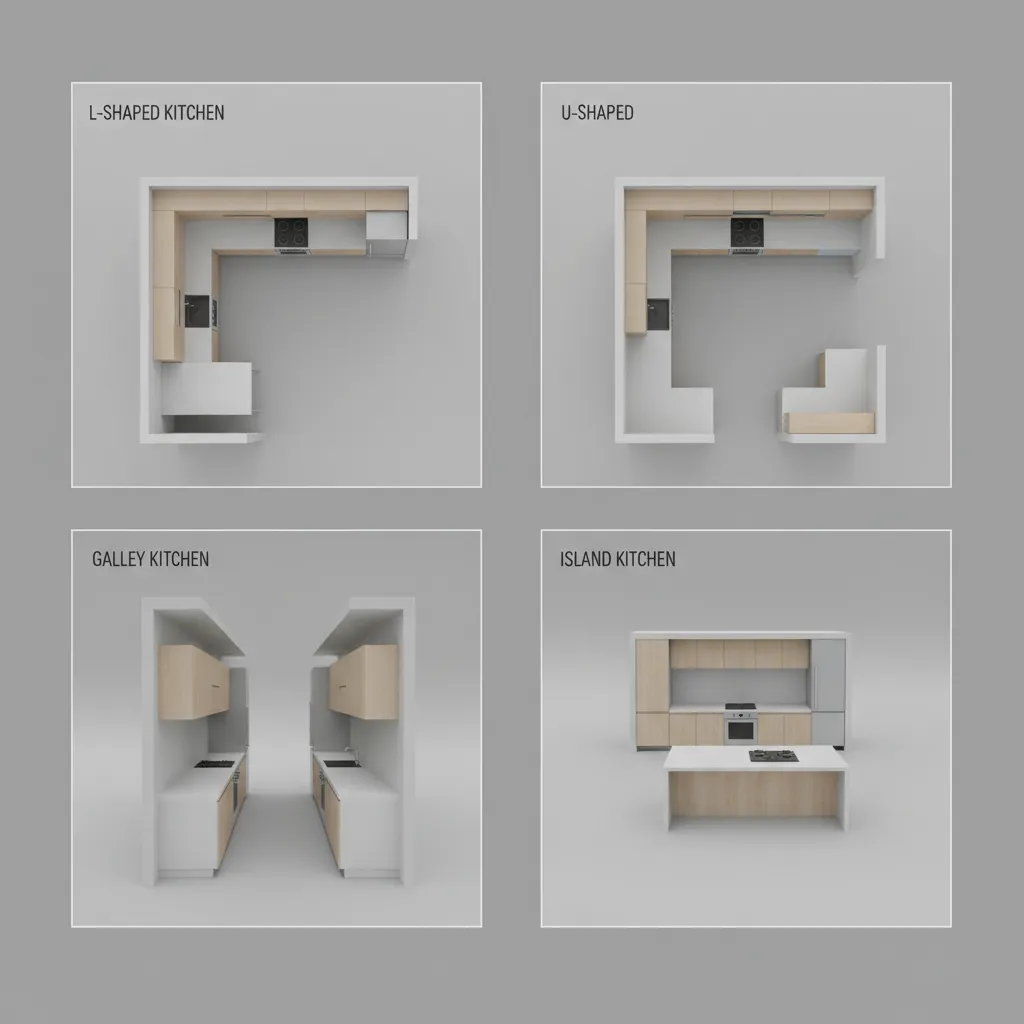 comparison of common kitchen layouts including L shape U shape and galley