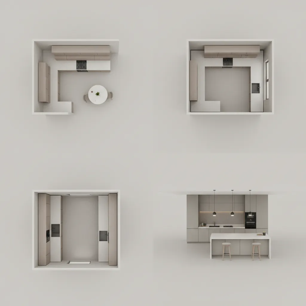 Interior design drawing showing four different kitchen layout types including L-shaped, U-shaped, and island designs