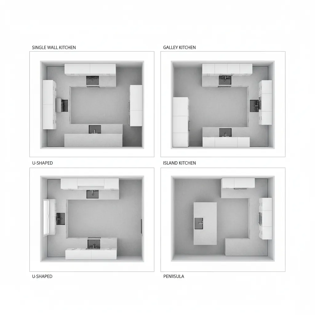 comparison of common kitchen layout types including L shape galley and island
