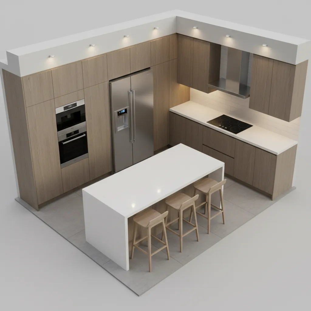 modern kitchen layout visualized in 3D design planning software