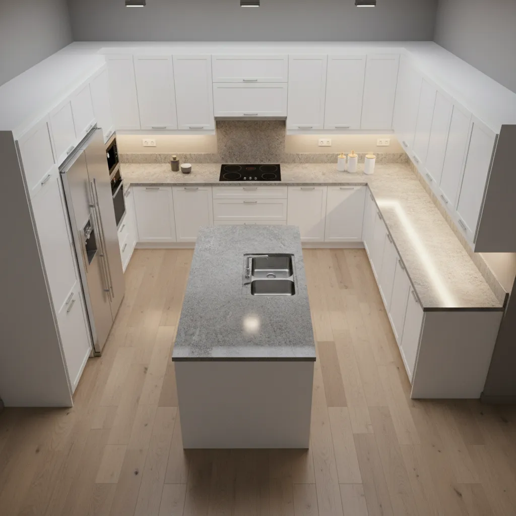 kitchen layout with white cabinets granite island and work triangle