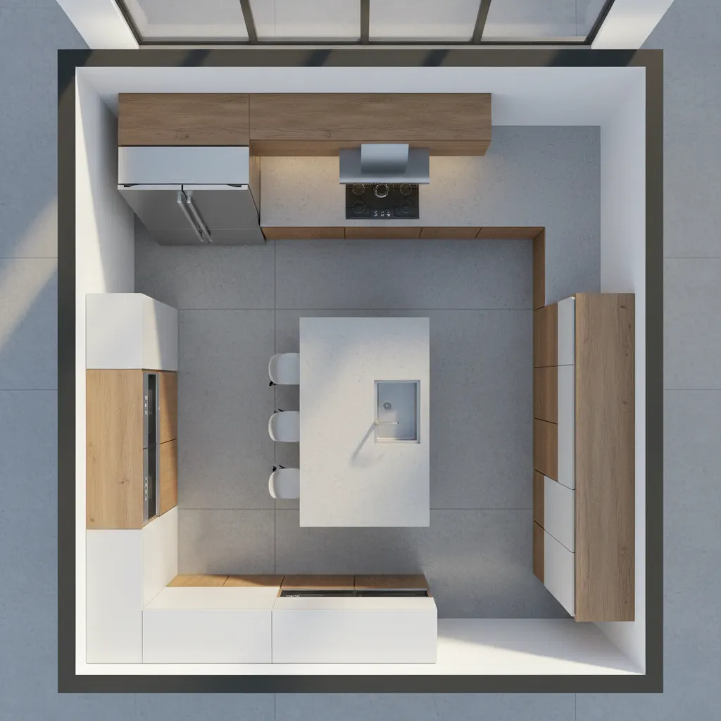 3D kitchen layout showing refrigerator sink and stove triangle planning