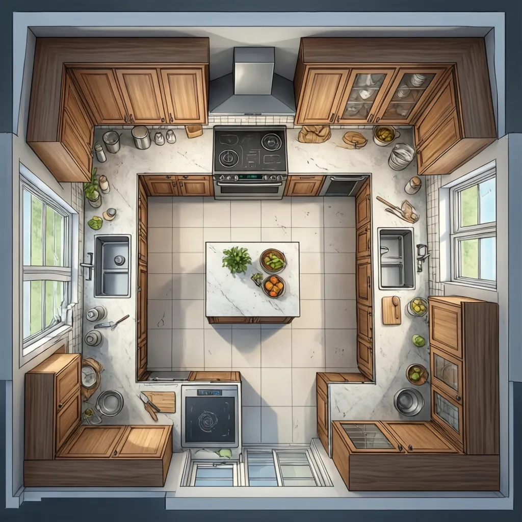 kitchen layout diagram showing cabinets counters and work triangle