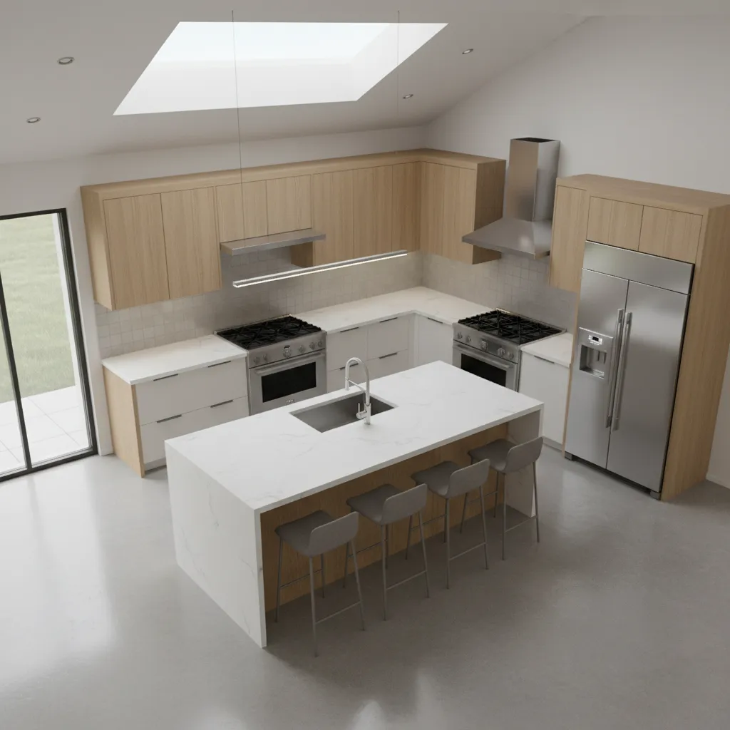 kitchen layout showing island sink stove and refrigerator workflow triangle