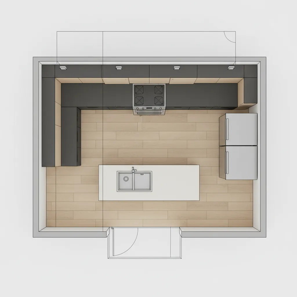 kitchen layout diagram style visualization showing sink stove refrigerator work triangle