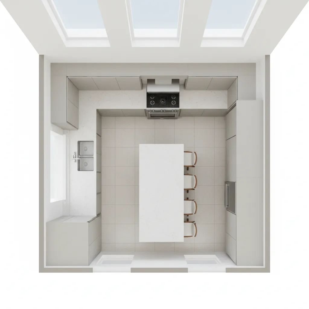 Kitchen layout showing work triangle between sink stove and refrigerator