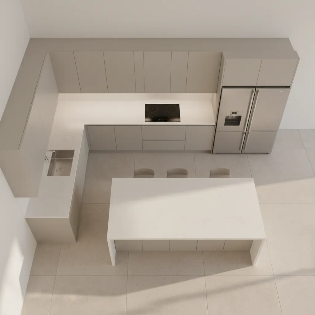 kitchen layout visualization showing sink stove refrigerator triangle workflow