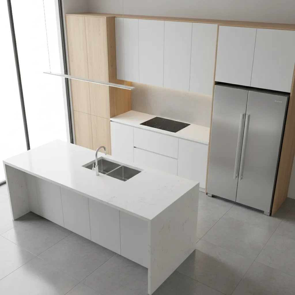 Kitchen work triangle layout between sink stove and refrigerator in a modern kitchen plan