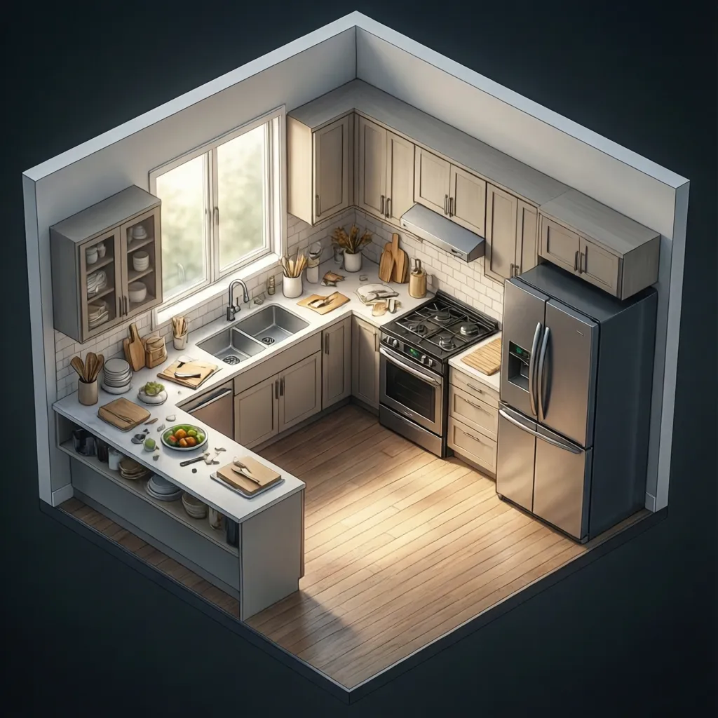 L-shaped modular kitchen layout showing workflow triangle between sink stove and refrigerator