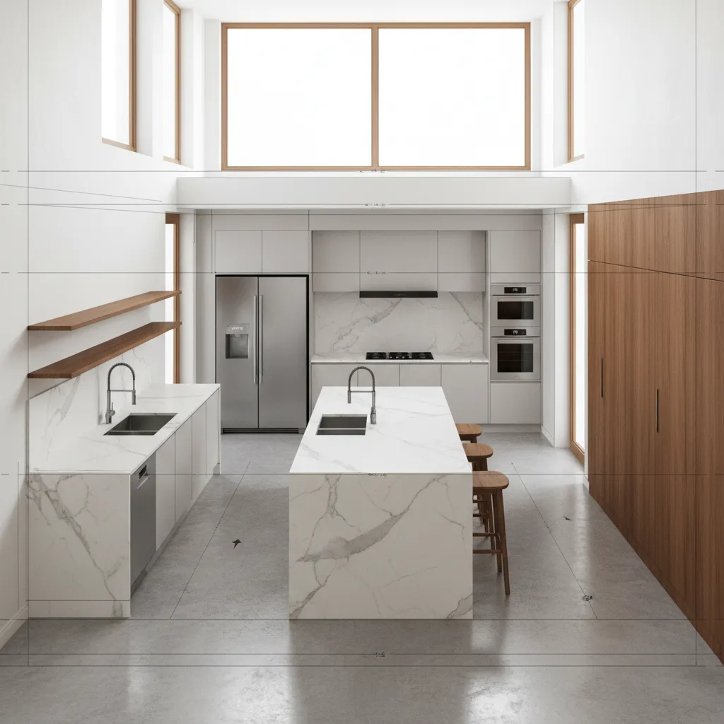 kitchen layout diagram showing cooking cleaning and prep zones